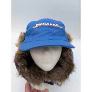 Menards Blue Cotton Canvas Trapper Hat Faux Fur Ear Flaps Winter Cap Large